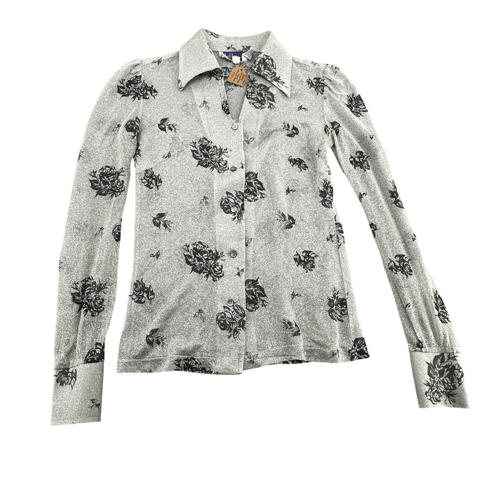 Vintage‎ LeRoy Knitwear Silver Lurex Floral Disco Shirt Dagger Collar Womens M